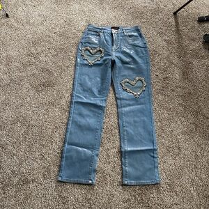 Lipstick Boutique Blue Straight Leg Jeans with Heart Details